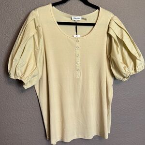 Calvin Klein 1x Plus Size Beige Tan Puff Sleeve Top Buttons Ribbed NEW NWT